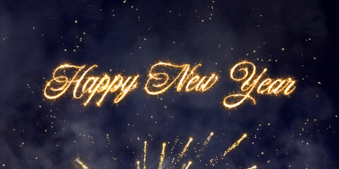 Happy New Year elegant message in flowing gold sparkler cursive script on a dark night sky background with floating particles and light effects