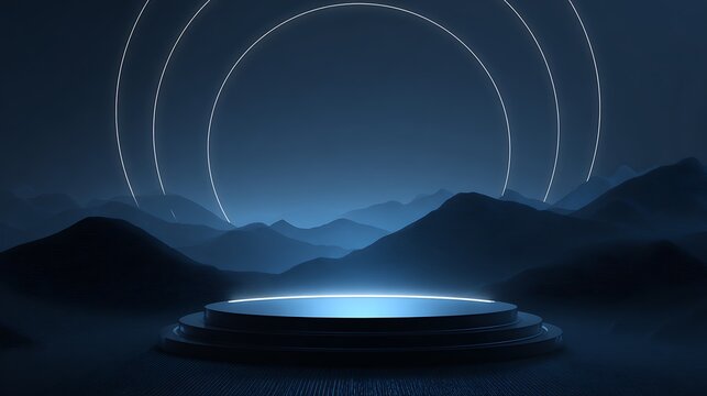 Futuristic glowing podium in dark mysterious mountain landscape