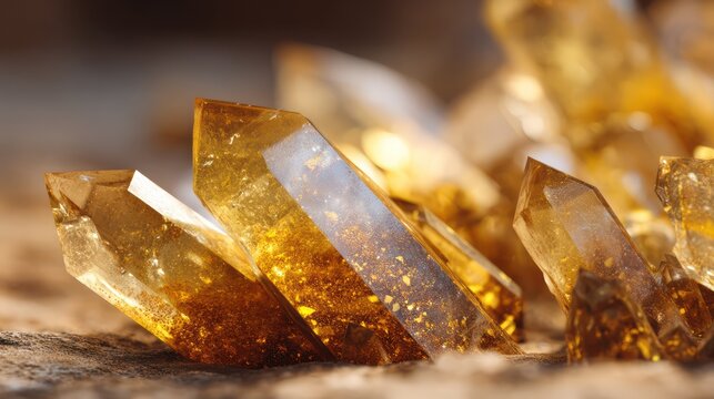 Golden crystalline shards arranged in layered formation photographed under soft diffused lighting Faceted surfaces sparkle subtly while shadows