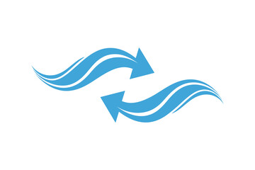 Blue refresh arrows or exchange currency icon with wavy lines on white background
