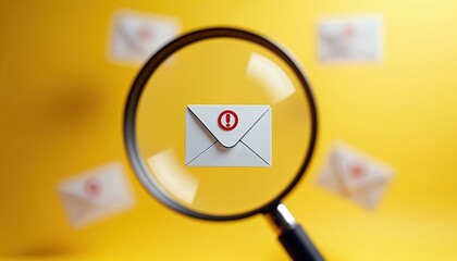 Magnifying glass focuses on email with exclamation mark. Alert concept warns of message issues. Spam mail detection and digital security risk on bright yellow background.