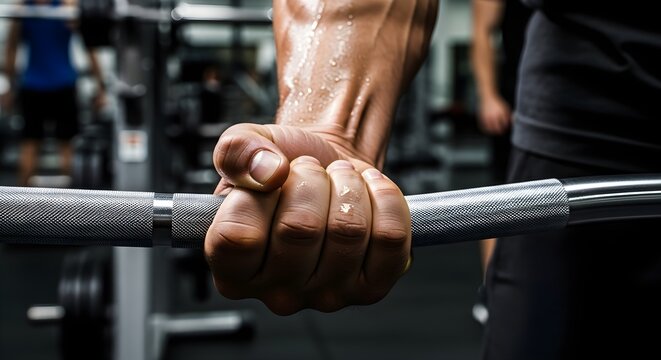 Sweaty hand gripping barbell tight during intense gym workout, showcasing strength and dedication to fitness goals in a modern fitness center