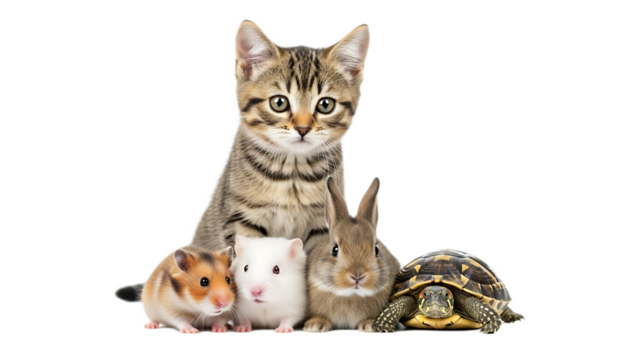 A group of pets posing together including a cat hamster guinea pig rabbit and a turtle on black