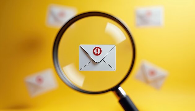 Magnifying glass focuses on email with exclamation mark. Alert concept warns of message issues. Spam mail detection and digital security risk on bright yellow background.