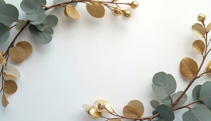 Eucalyptus branches with fresh green, shiny gold leaves create decorative frame border on clean white background. Elegant nature inspired design offers plenty of blank copy space for text. Beautiful