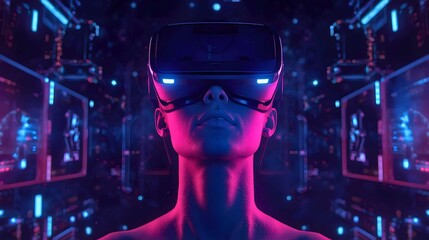 Immersive Virtual Reality User with Neon Hologram Interface