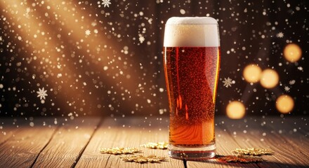 A glass of amber-colored beer sitting on a wooden surface, surrounded by snowflakes and a warm, bokeh-filled background.