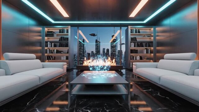 Luxury penthouse apartment with stunning city views and modern neon lighting offers sophisticated urban lifestyle in sleek, upscale home setting