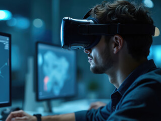 Man uses VR headset, works on computer. Modern office, digital interface. Developer tests app, engineers brainstorm ideas. Future tech collaboration in virtual space.