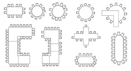 Obraz premium Floor plans illustrating various meeting and conference table arrangements with chairs, viewed from above, for event planning and room design.