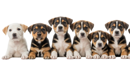 A group of adorable puppies sitting in a row looking at the camera with various coat colors and patterns