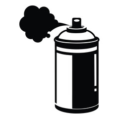 Black aerosol spray can releases a cloud of black mist in monochrome style