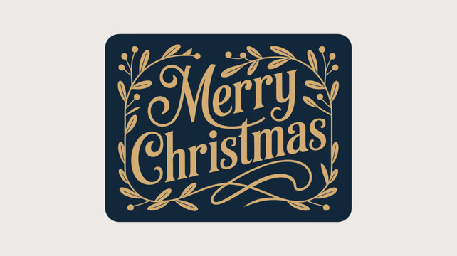 Merry christmas text in gold script font on a dark blue background with gold floral decorations frame it