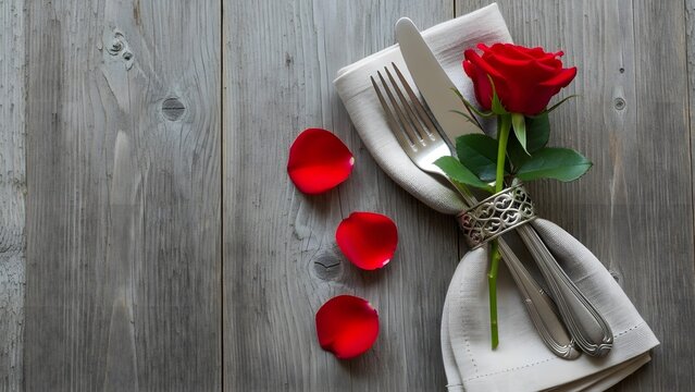 Romantic table setting with red rose and silverware on rustic wood