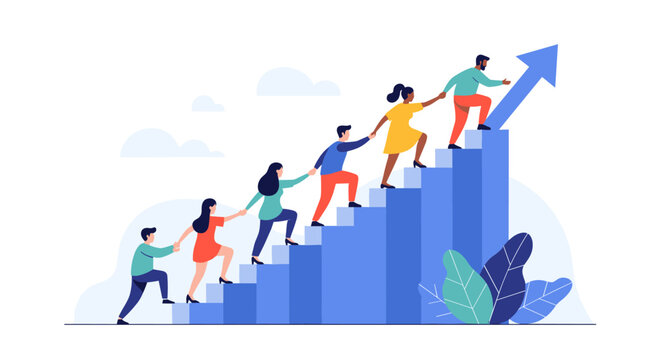 Diverse team members ascend a bar graph staircase, holding hands and supporting each other towards collective progress, leadership, and success.