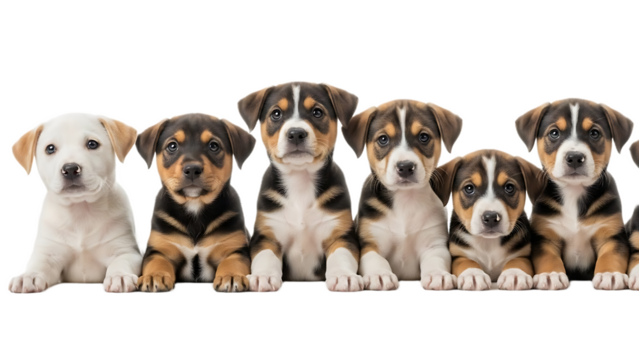 A group of adorable puppies sitting in a row looking at the camera with various coat colors and patterns