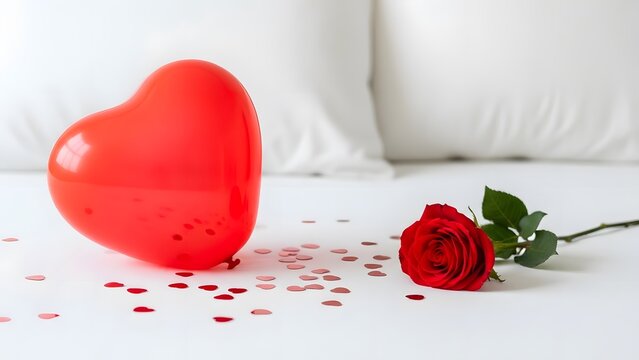 Red heart balloon and rose on bed for romantic valentine s day surprise