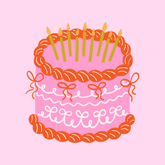 Cute birthday cake with bows and candles. Doodle dessert quirky illustration. Girly pastry vector graphic