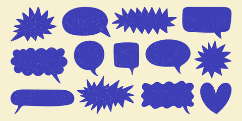 Set of hand-drawn wax crayon speech and thought bubbles. Communication clouds silhouettes with hatching texture. Quirky grunge stickers. Vector graphic