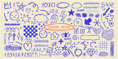 Set of blue pen doodle notes on paper background. Handwritten arrows, underlines, emoji, shapes and squiggles for grunge design. Vector chaotic scribble