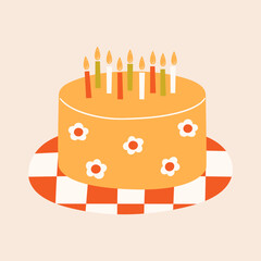 Fun birthday cake with candles and daisy flowers on checkered plate. Groovy dessert quirky illustration. Birthday party celebration symbol. Vector graphic