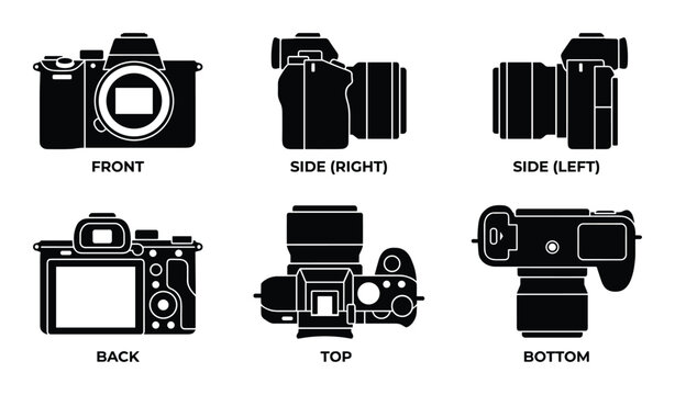 Set of six camera body views from front to bottom for technical drawing or graphic design