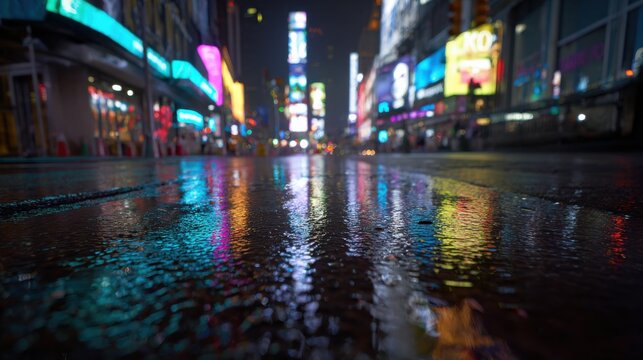 Global Commercial District Wet Street Reflection. Colorful Neon Lights and Animated Billboards Blurred at Night, Cinematic Low-Angle View.