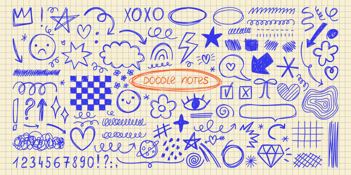 Set of blue pen doodle notes on paper background. Handwritten arrows, underlines, emoji, shapes and squiggles for grunge design. Vector chaotic scribble