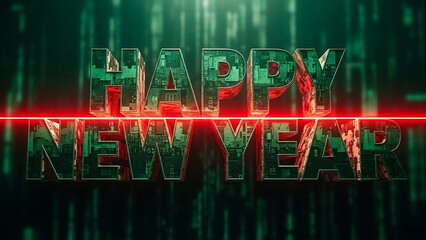 Abstract cityscape with green matrix code and red horizontal line