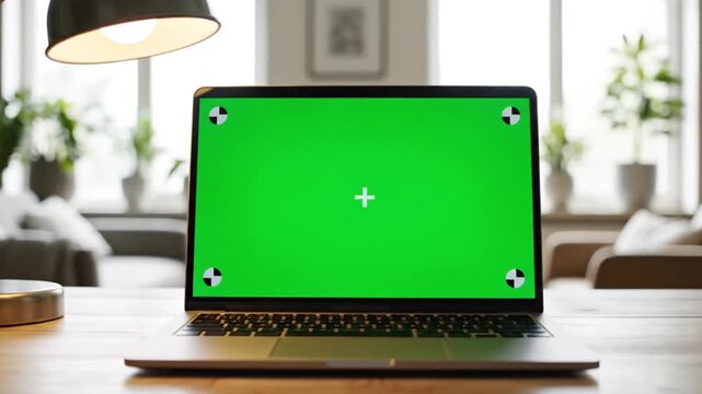 Elegant home office setup with laptop featuring a vibrant green screen perfect for video editing and motion graphics projects