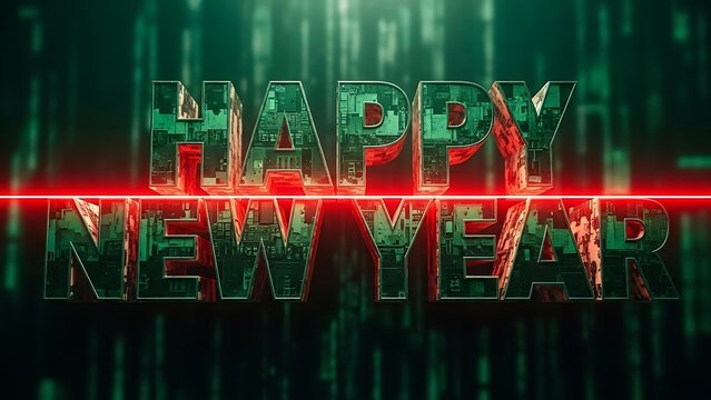 Abstract cityscape with green matrix code and red horizontal line - Powered by Adobe