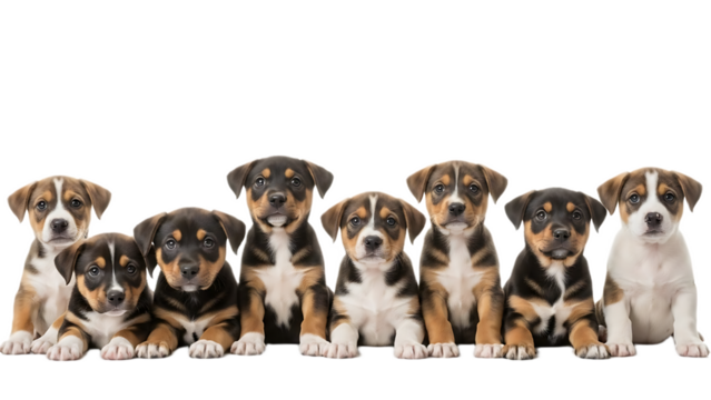 A row of eight adorable puppies sitting together looking at the camera with a black background behind them