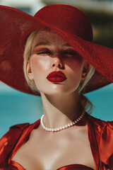 Beautiful young blonde woman in red hat and red lips