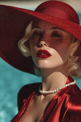 Beautiful young blonde woman in red hat and red lips