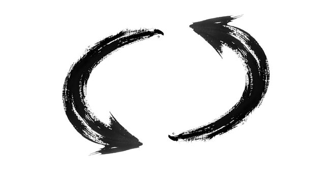 Two black arrows brush shape of a circular arrows pointing towards each other in a clean background.  , transparent background