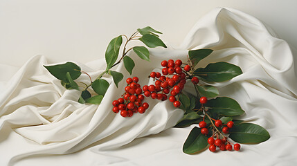 Folded organic textile with red berries and green leaves on white cloth