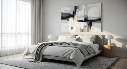 Serene bedroom retreat with modern decor for peaceful sleep, featuring abstract art, soft lighting, and cozy textiles in a minimalist design scheme