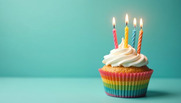 Single cupcake with white frosting and four lit colorful candles sits on a bright turquoise background. Rainbow wrapper holds cake, perfect for party flyers and invitations.