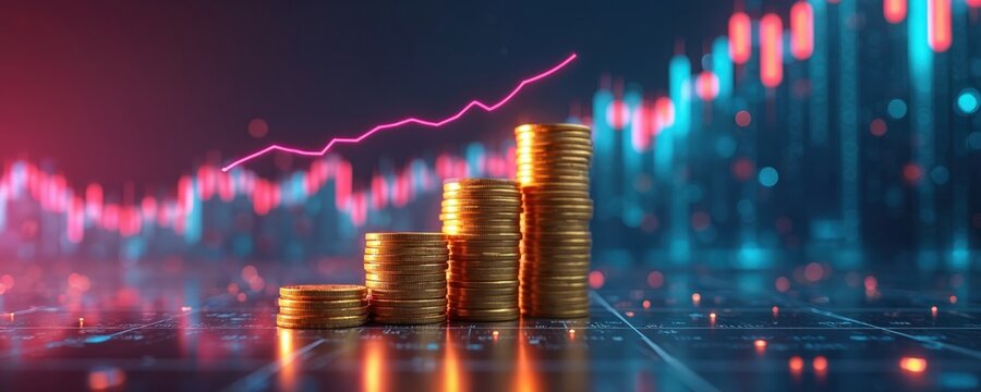 Stacks of gold coins on digital screen with graph chart. Financial data visualization with increasing trend line. Coins stacked in growth pattern on futuristic background with blurred graphs.