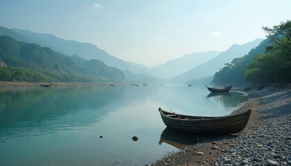 Calm turquoise river water and mountains landscape with fog. Small wooden boats near bank, relaxing nature scene. Korea river scenery with peaceful views and boat floating in lake.
