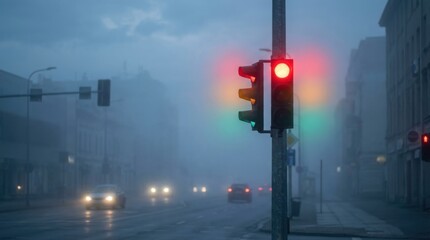 Red Traffic Light Glowing in Heavy Fog or Rain at Night. Moody, dramatic urban scene with blurry street, car lights, and atmospheric weather