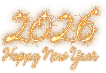 2026 happy new year date with gold sparkler number above the script text isolated on a transparent background