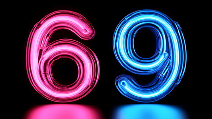 3D number 69 made of blue and pink neon tubes on black background