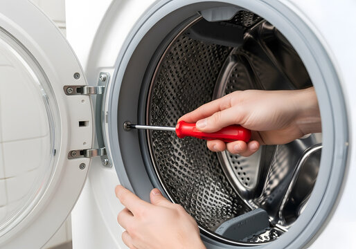 Closeup of a persons hands using a red screwdriver to repair the rubber seal or gasket around the drum opening of a modern frontloading washing machine with the door open, showing the stainless steel 
