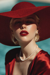 Beautiful young blonde woman in red hat and red lips