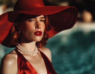 Beautiful young blonde woman in red hat and red lips