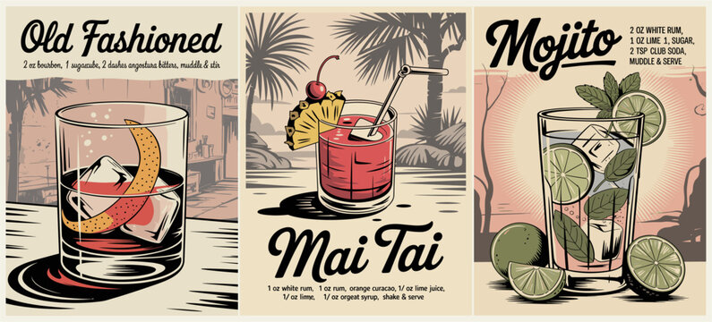 A vintage-style cocktail poster set featuring Old Fashioned, Mai Tai, and Mojito. Hand-drawn retro illustrations with bold outlines, classic bar menu aesthetic, and detailed recipe ingredients.