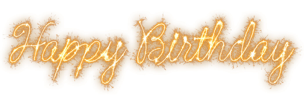 Happy Birthday text in dazzling gold sparkler script with a prominent first letter in each word isolated on a transparent background