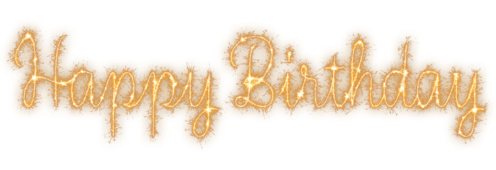 Happy Birthday text in flowing gold sparkler cursive script isolated on a transparent background for a festive celebration element