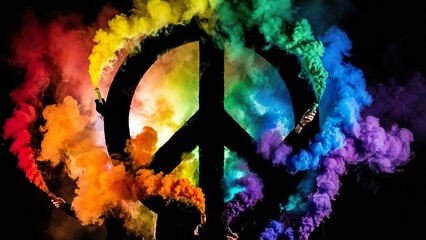 Iconic Peace Symbol Emblazoned with Vibrant Rainbow Smoke, Symbolizing Hope and Global Harmony.